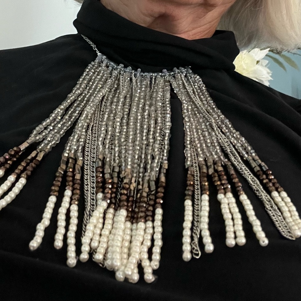 Chico’s Elegant Beaded Necklace with Silver, Pearl and Brown Stone Accents
